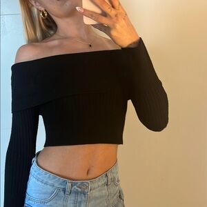 Off-Shoulder Black Crop Sweater Top